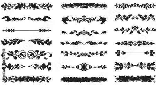 Collection of ornate black floral borders and dividers on white background