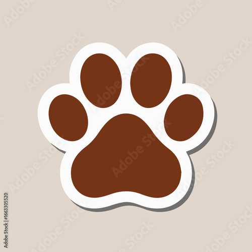 Brown paw print sticker with white outline on a pastel background, perfect for adding a touch of fun and cuteness to your designs, especially for pet lovers