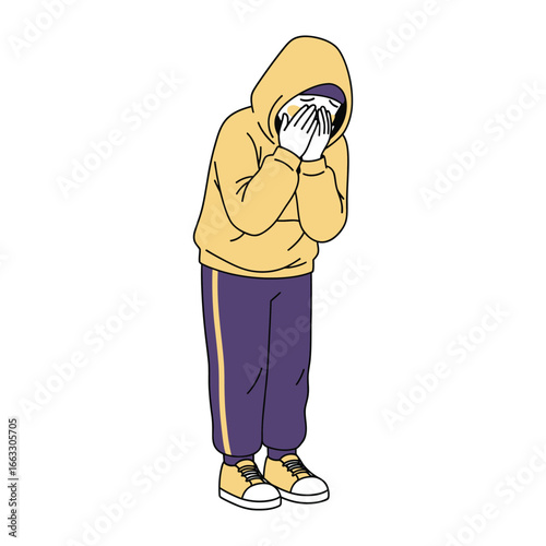 Muffled Melancholy: An illustration showing figure wearing yellow hoodie, with hands shielding face, portrays introspection and vulnerability.