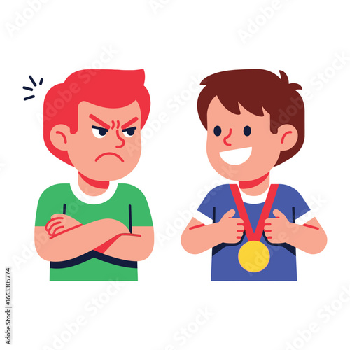 Envy and Triumph: Illustrative depiction of rivalry between two young boys capturing the essence of rivalry. One displays envious anger, the other boasts medal