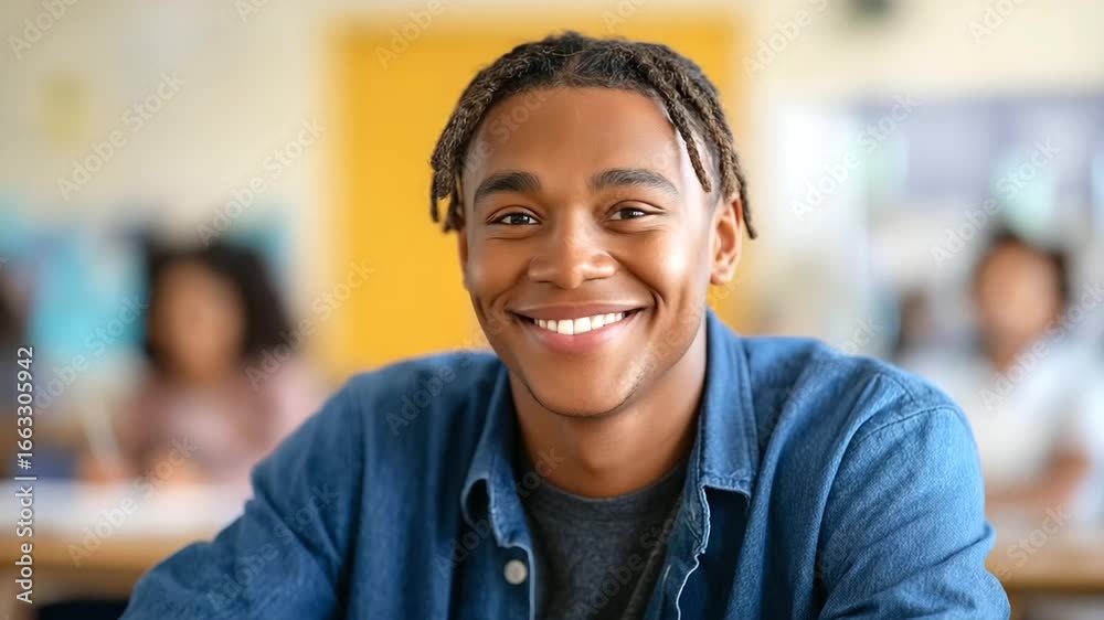 Cheerful African American student posing confidently in a vibrant classroom setting, symbolizing education, diversity, youth empowerment, academic success and positive student life Cheerful African American student posing confidently in a vibrant classroom setting, symbolizing education, diversity, youth empowerment, academic success and positive student life