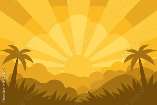 Golden sunbeams through misty jungle with palm trees scalable vector illustration