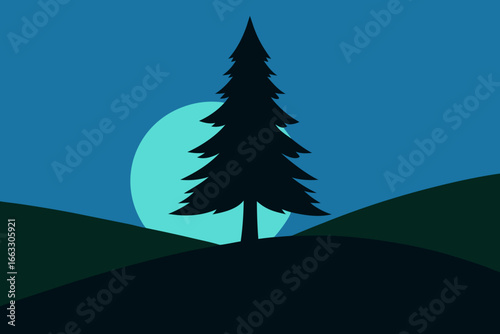 Solitary pine tree silhouette glowing hilltop night sky vector art