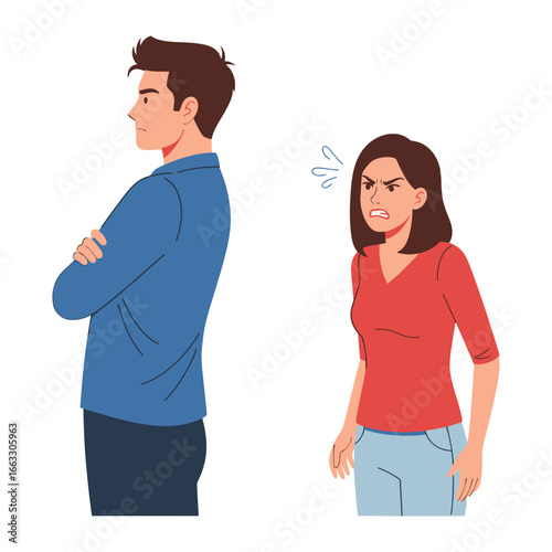 Emotional Turmoil: A man stands with crossed arms, facing away, while a woman expresses anger, vividly depicting relationship distress through artful illustration.