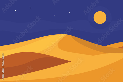 Golden rolling desert dunes under glowing twilight sky vector illustration