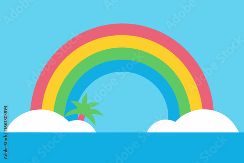 Vibrant rainbow arching over tropical lagoon with fluffy clouds vector illustration