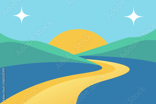 Sparkling river delta glows in golden morning sun with starry sky
