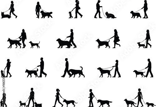 Silhouettes of people walking dogs, pet owners with leashes, black and white vector design for animal care, lifestyle, and activity