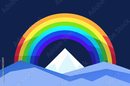 Vibrant rainbow illuminates majestic icy glacier valley landscape illustration