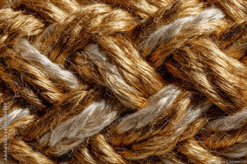 Fototapeta premium Detailed macro shot of a tightly woven natural fiber rope showing intricate patterns and textures.