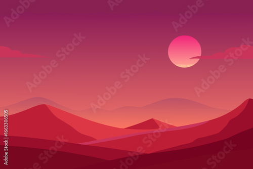Serene desert plateau under a vibrant crimson sunset sky with glowing celestial body
