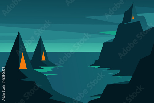 Vector illustration of a rugged coastline with glowing sea stacks at dusk