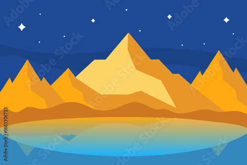 Sparkling alpine lake golden twilight mountain landscape vector illustration