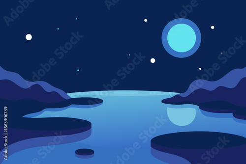 Sparkling tide pools glowing with moonlight - beautiful nighttime coastal scenery vector illustration