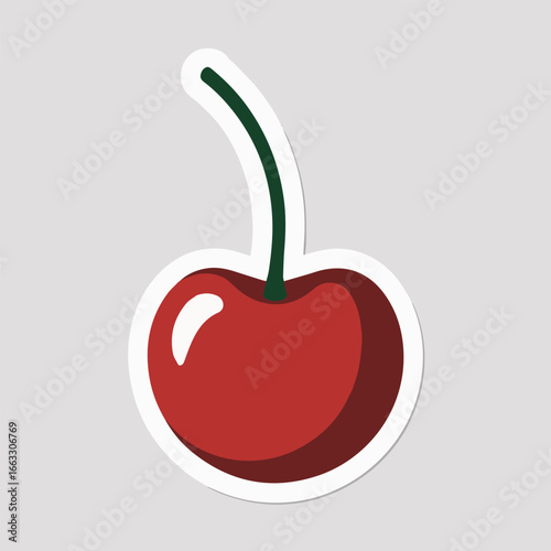 A single red cherry sticker with a green stem on a light gray background, a sweet and simple illustration of a classic summer fruit