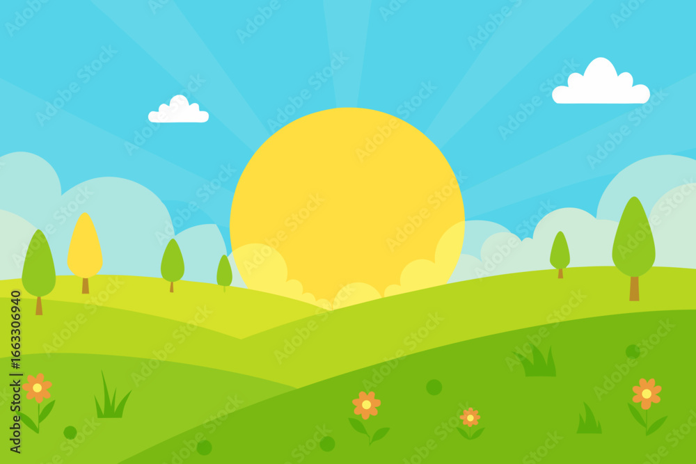 Fototapeta premium Vibrant spring meadow scene with sun and clouds vector illustration