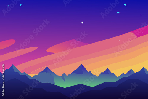 Vibrant aurora sky over stylized mountains at twilight aurora borealis illustration