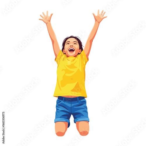 Joyful Child's Uplift: A vector illustration showcases a smiling child, radiating pure joy with outstretched arms, ready to embrace the day. This image embodies happiness and youthful energy.