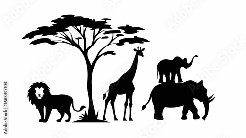 Silhouette of african animals including lion giraffe and elephants under a tree on a white background scene