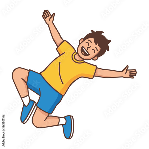 Joyful Leap: A cheerful boy leaps with uncontainable glee, radiating pure, unadulterated happiness. A vivid depiction of the boundless energy of youth.