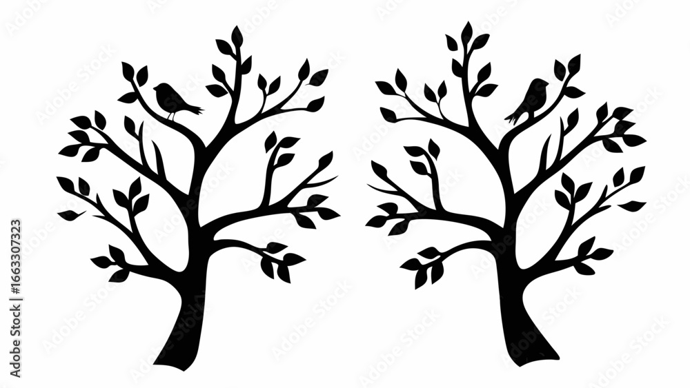 Obraz premium Silhouette illustration of two trees with leaves and birds perched on branches in black and white style