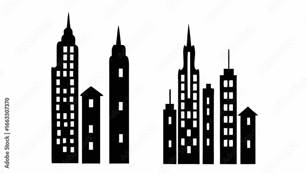 Obraz premium Silhouette of city skyline with various buildings and skyscrapers against a white background in a simple design
