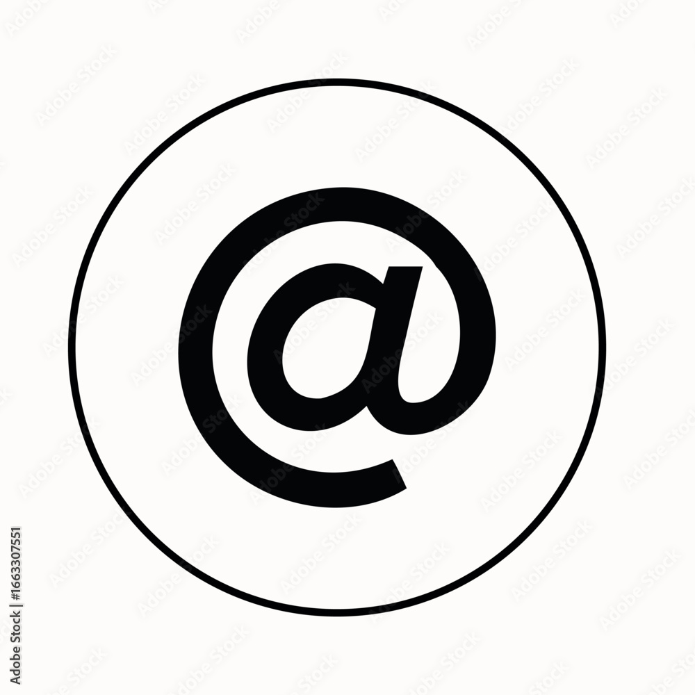Black at symbol inside a circle email icon on white background Black at symbol inside a circle email icon on white background