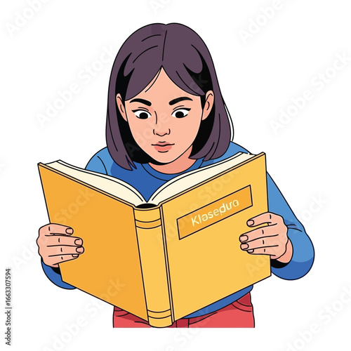 Enthralled Reader: A young girl is captivated by the vibrant pages of a well-worn book, a moment of pure immersion and intellectual exploration, a story.