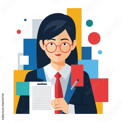 Smart Professional: A confident professional, dressed in sharp business attire and glasses, with a pen in hand and a notepad, symbolizes intelligence and expertise in a vibrant, modern graphic style.