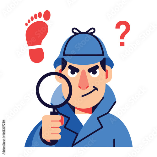 Detective's Dilemma: A determined detective peers through a magnifying glass, surrounded by the elements of a mystery – a question mark and a single footprint, all illustrated with vibrant colours. 