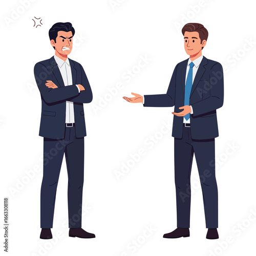 Office Debate: A heated business discussion, with one person exhibiting frustration while the other maintains a calm, composed demeanor, conveying contrasting approaches to conflict resolution.