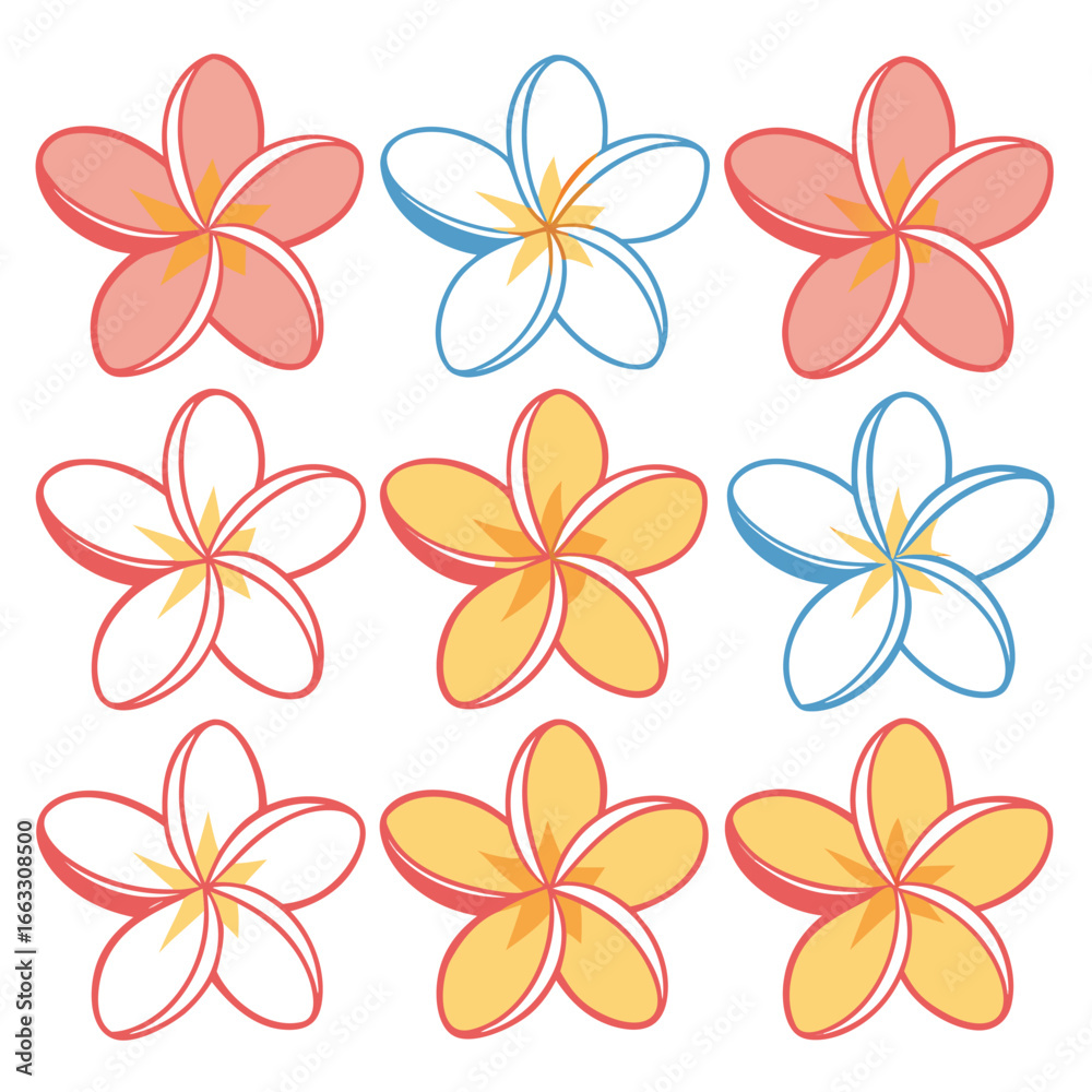Obraz premium Collection Of Stylized Plumeria Flowers In Various Colors