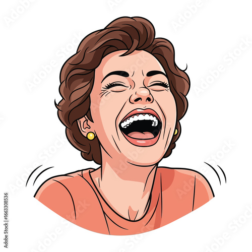 Joyful Laughter: A woman experiences a genuine moment of unbridled joy, captured in a vibrant and expressive illustration. Her laughter illuminates the space, filled with happiness.