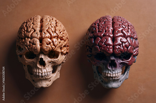 Two skulls with exposed brains on brown background
