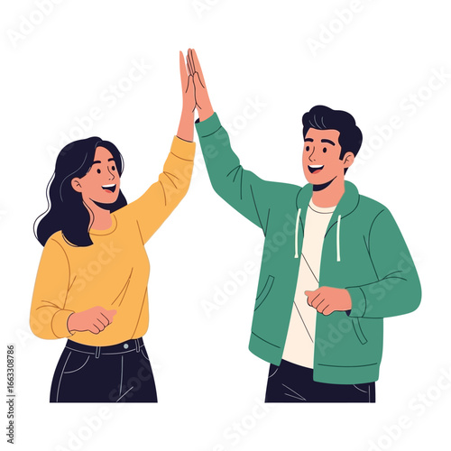 High Five Partnership: A depiction of a harmonious partnership between a woman and a man high-fiving, highlighting teamwork, celebrating mutual achievement and the bond of camaraderie.