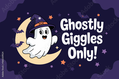 Ghostly giggles only design, moon circle backdrop, cute witch ghost, fun Halloween graphic