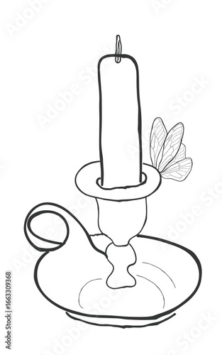 Hand drawn minimal line art of a moth sitting around a candle with a vintage style holder. Mystical illustration perfect for posters, prints, tattoos, stickers, gothic themes, and spiritual projects.