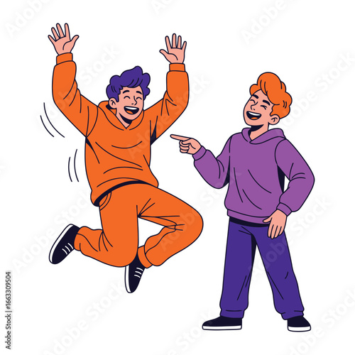 Joyful Moment of Two Friends: Two friends, animated with pure glee, share a moment of laughter, highlighting the essence of bonding and companionship. 