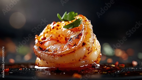 Shrimp diablo premium restaurant dish featuring glazed jumbo shrimp in spicy diablo sauce with microgreens