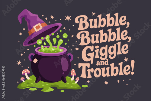 Magic cauldron bubble bubble giggle and trouble green potion witch hat cartoon clipart vector