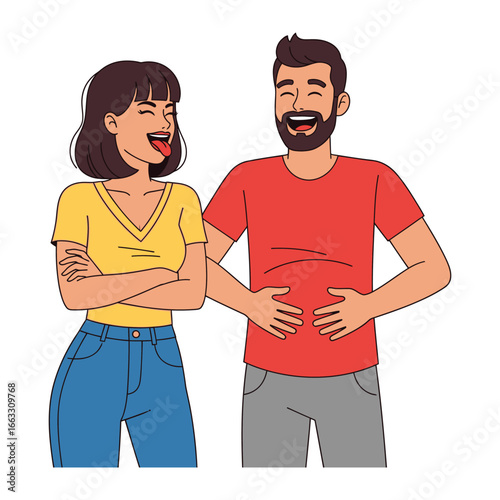 Shared Laughter: An animated illustration of a cheerful couple sharing a moment of pure, unadulterated mirth, tongue in cheek and laughter. 
