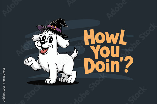 Howl you doin phrase, cute pup in hat, white background version, simple Halloween badge vector