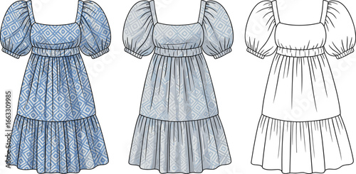 Blue Patterned Puff Sleeve Dress Technical Flat Sketch (CAD) | Square Neckline, Empire Waist, and Tiered Skirt Vector


