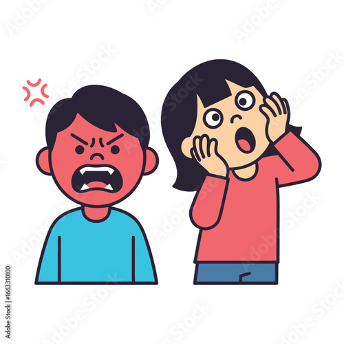 Shock and Anger: A pair of cartoon child, one with a face contorted in rage and other with shocked expressions expressing a wide range of feelings.