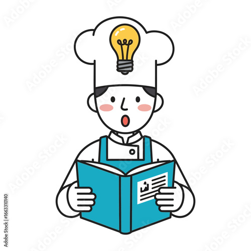 Chef's Culinary Insight: An animated chef, illuminated by a lightbulb, is absorbed in a cookbook, his expression a mixture of surprise and inspiration.