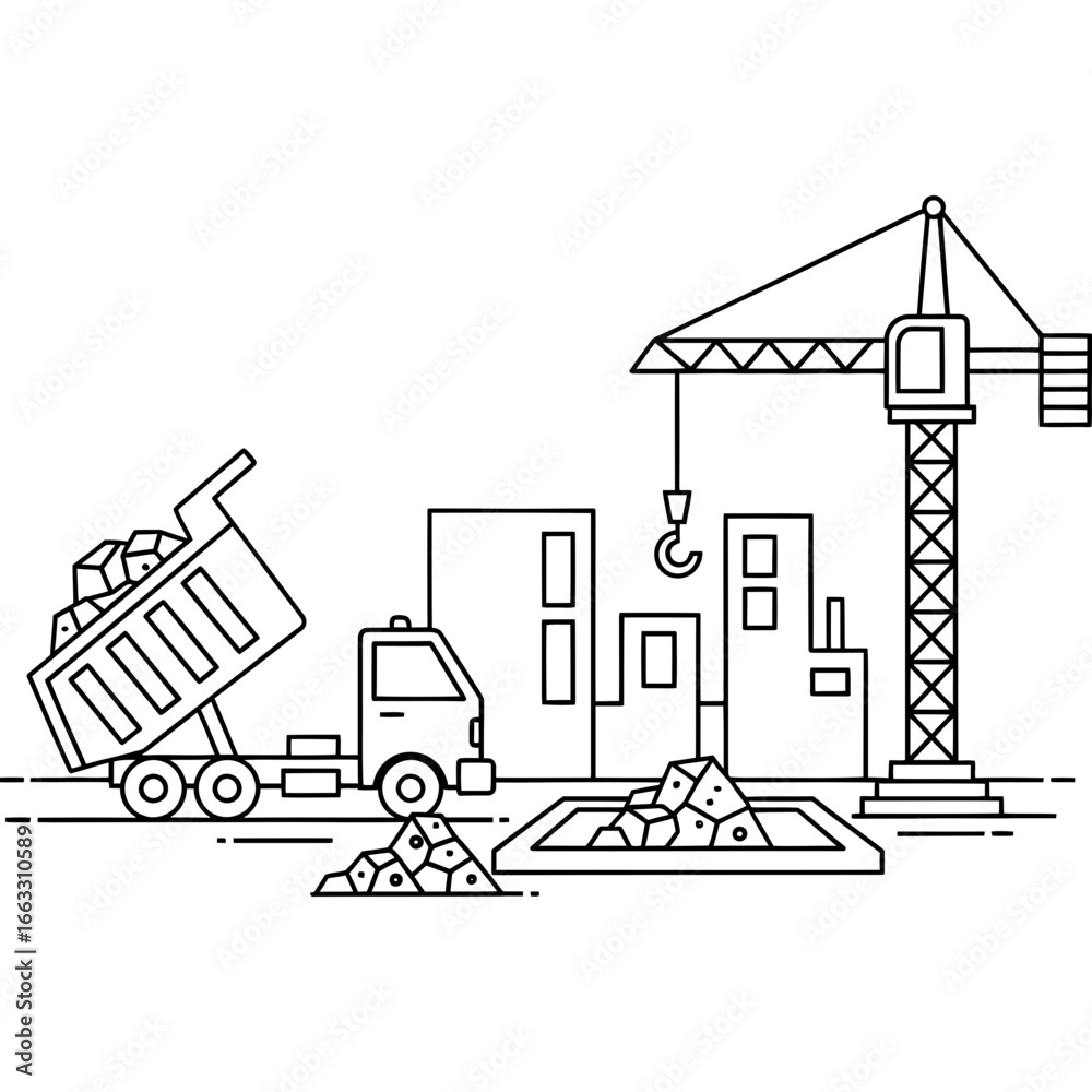 Fototapeta premium Construction Site with Crane and Dump Truck Line Art