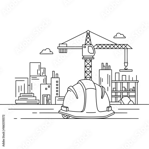 Line art illustration of a building construction concept with a safety helmet and cityscape background