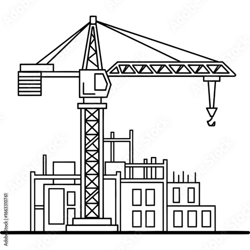 Monochrome line art illustration of a bustling construction site featuring a prominent tower crane and partially built structures, symbolizing the concept of urban development