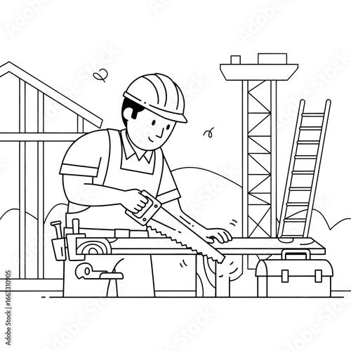 Line art illustration of a construction worker sawing a wooden plank at a building site, coloring book page style