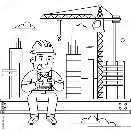 Construction worker eating lunch at a construction site with a crane in the background